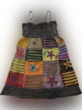 India Boutique Smocked Patchwork Cotton Dress Made in Nepal